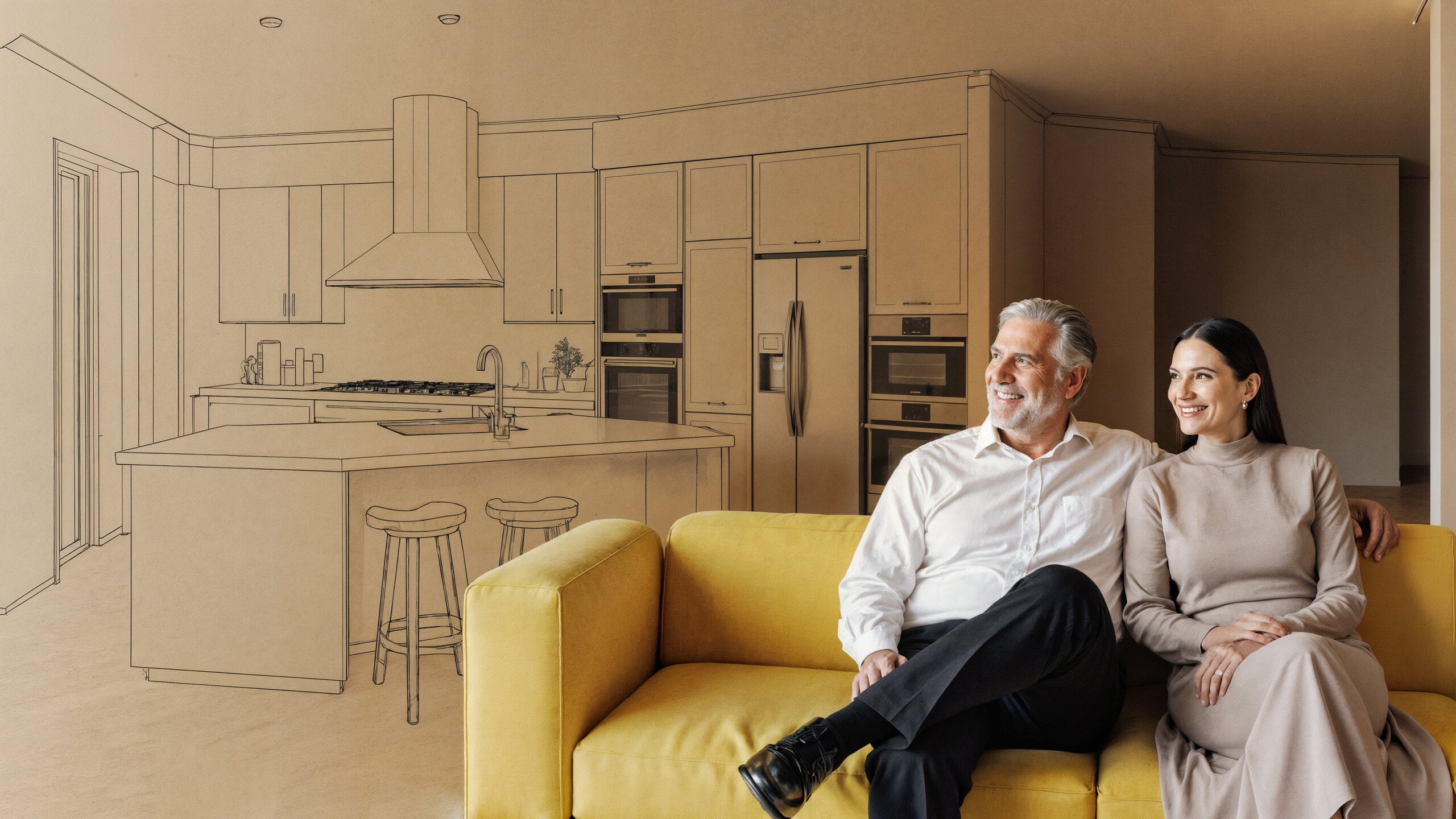 Couple souriant sur un canapé jaune regardant le croquis d'architecte de leur future cuisine sur-mesure
